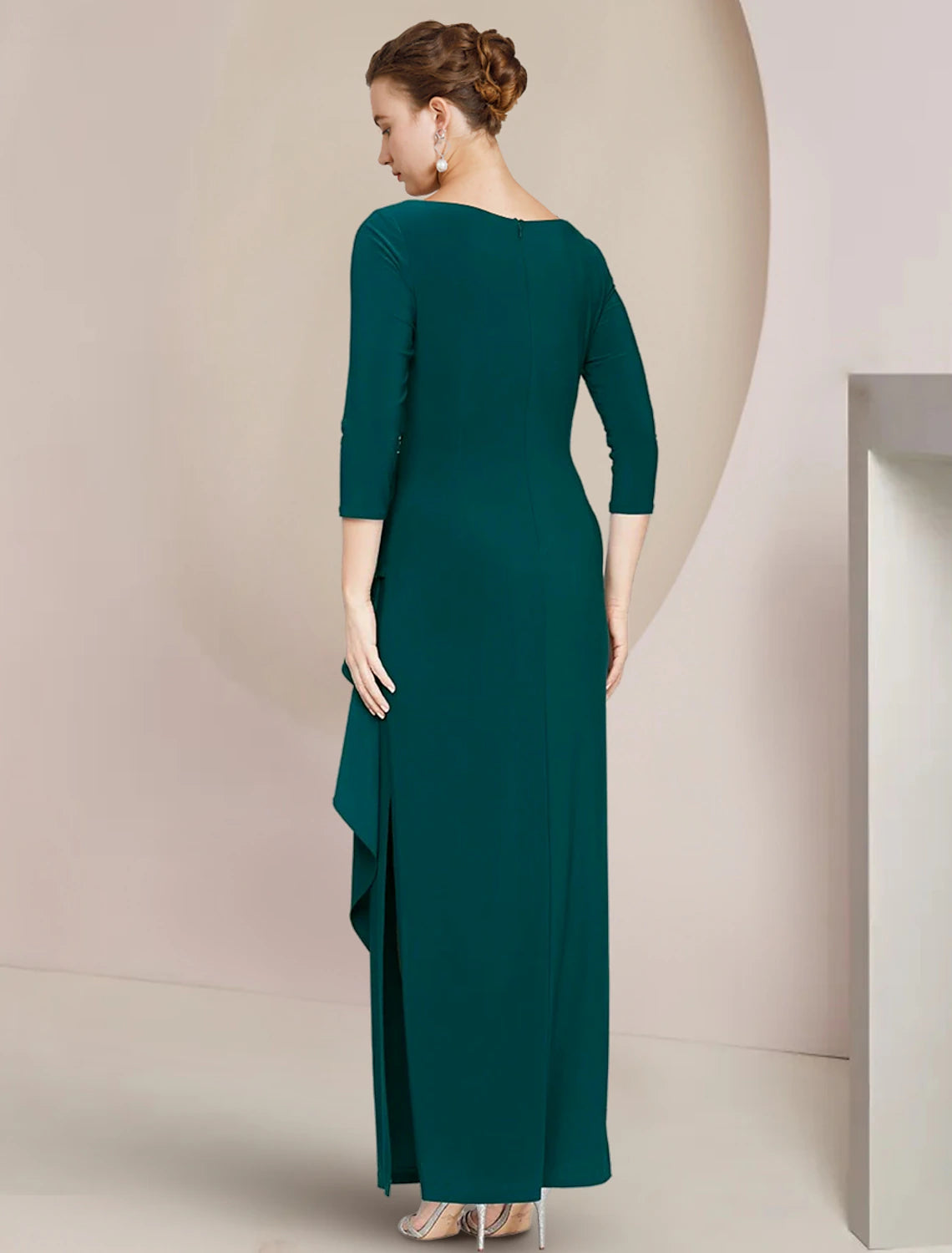 Vestido de Madre de la Novia con Corte en Columna, Elegante, Escote Redondo, Largo hasta el Tobillo, Gasa, Manga 3/4, con Cristales, Volantes, Abertura Delantera