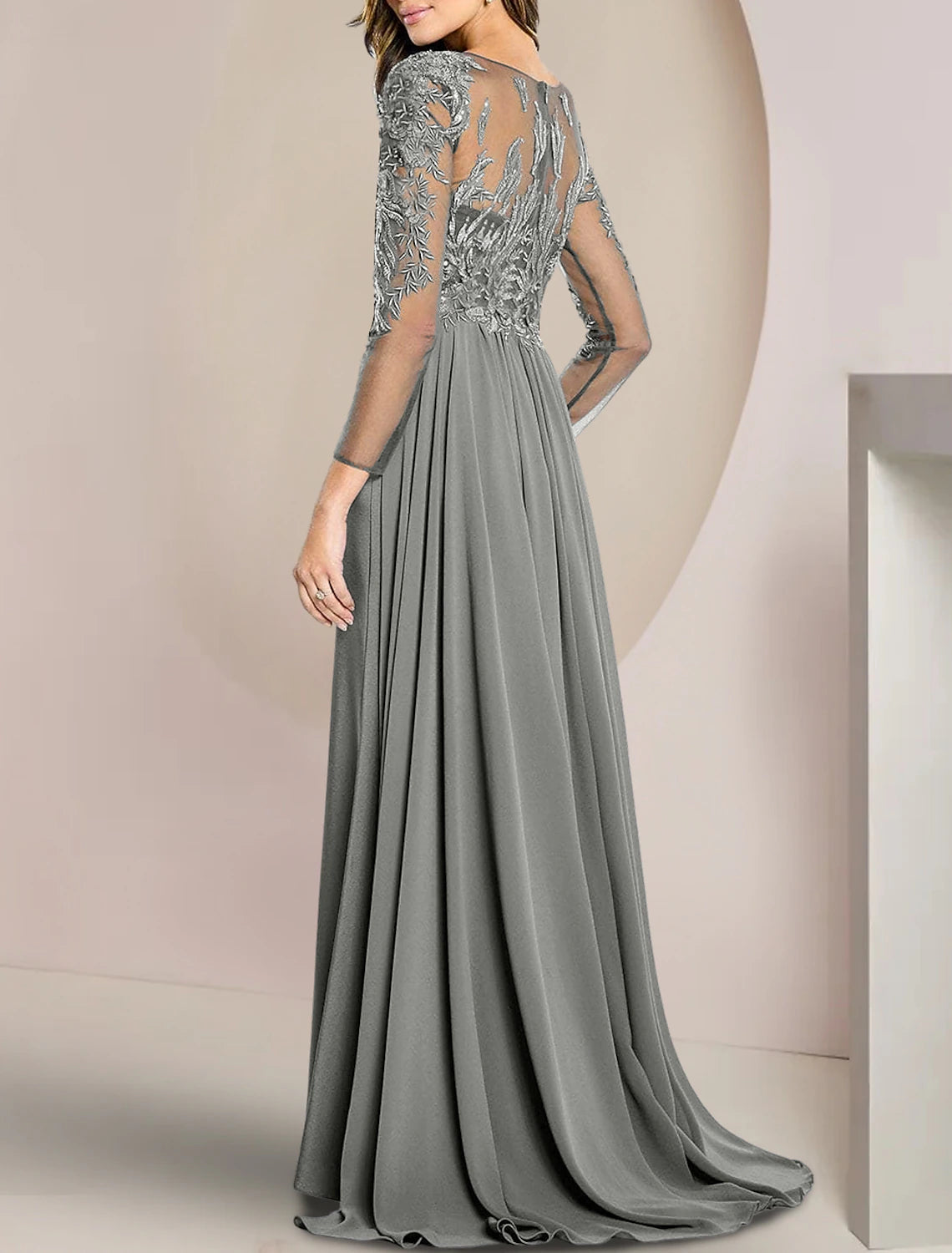 Abito da cerimonia per la madre della sposa, a tubino, elegante, con scollo a barchetta, lunghezza al pavimento, in chiffon, pizzo, maniche lunghe con applicazioni di perline