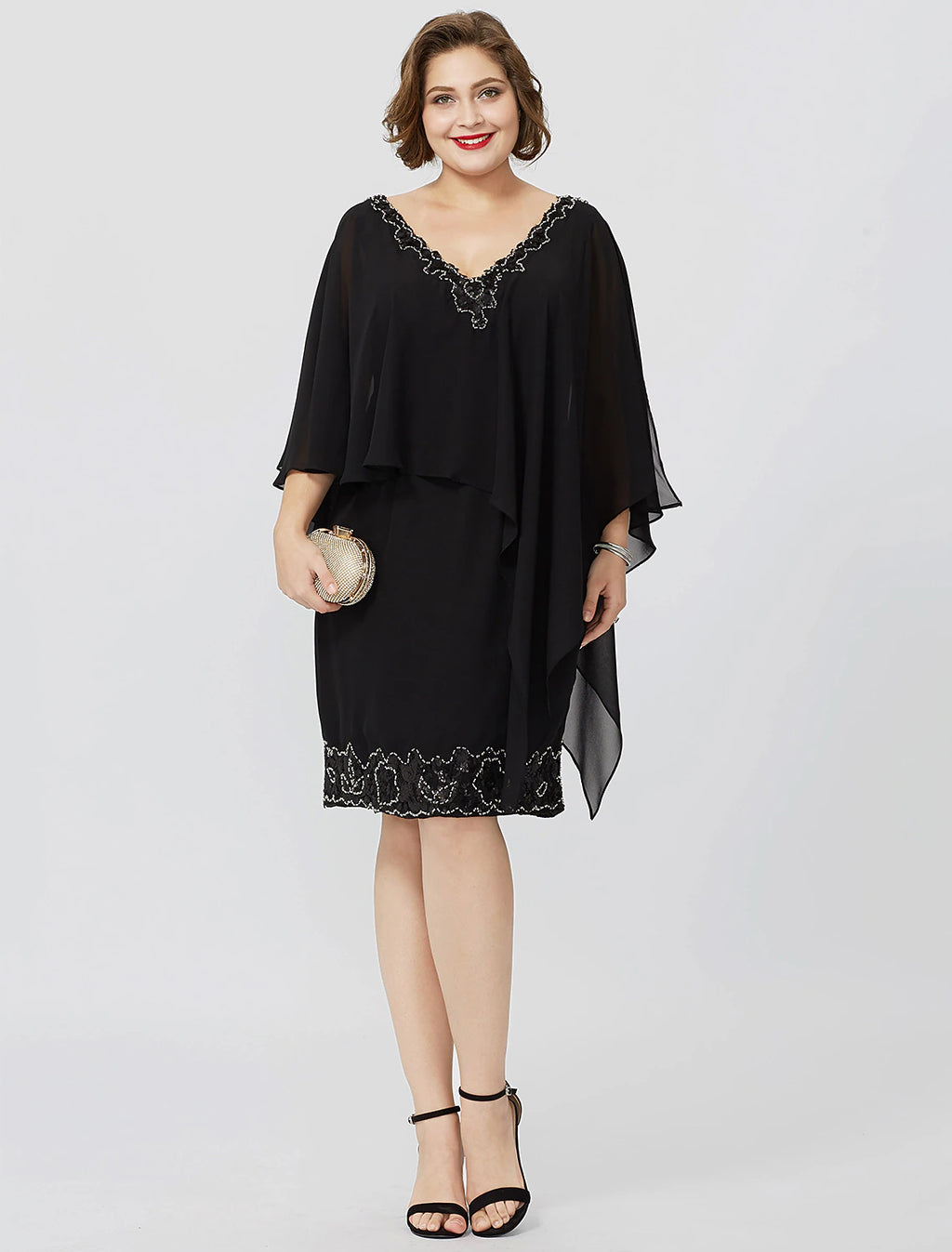Vestido de madre de la novia con corte tubo/columna, formal, clásico y atemporal, elegante y lujoso, talla grande, escote en V, largo hasta la rodilla, gasa, sin mangas, no incluye cristales ni cuentas.