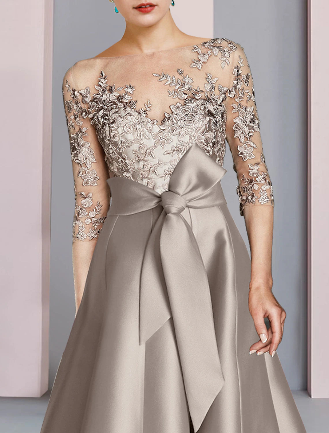 Champagne A-Line Tea-Length Evening Dress | Illusion Neck, Lace Bodice & Waist Bow