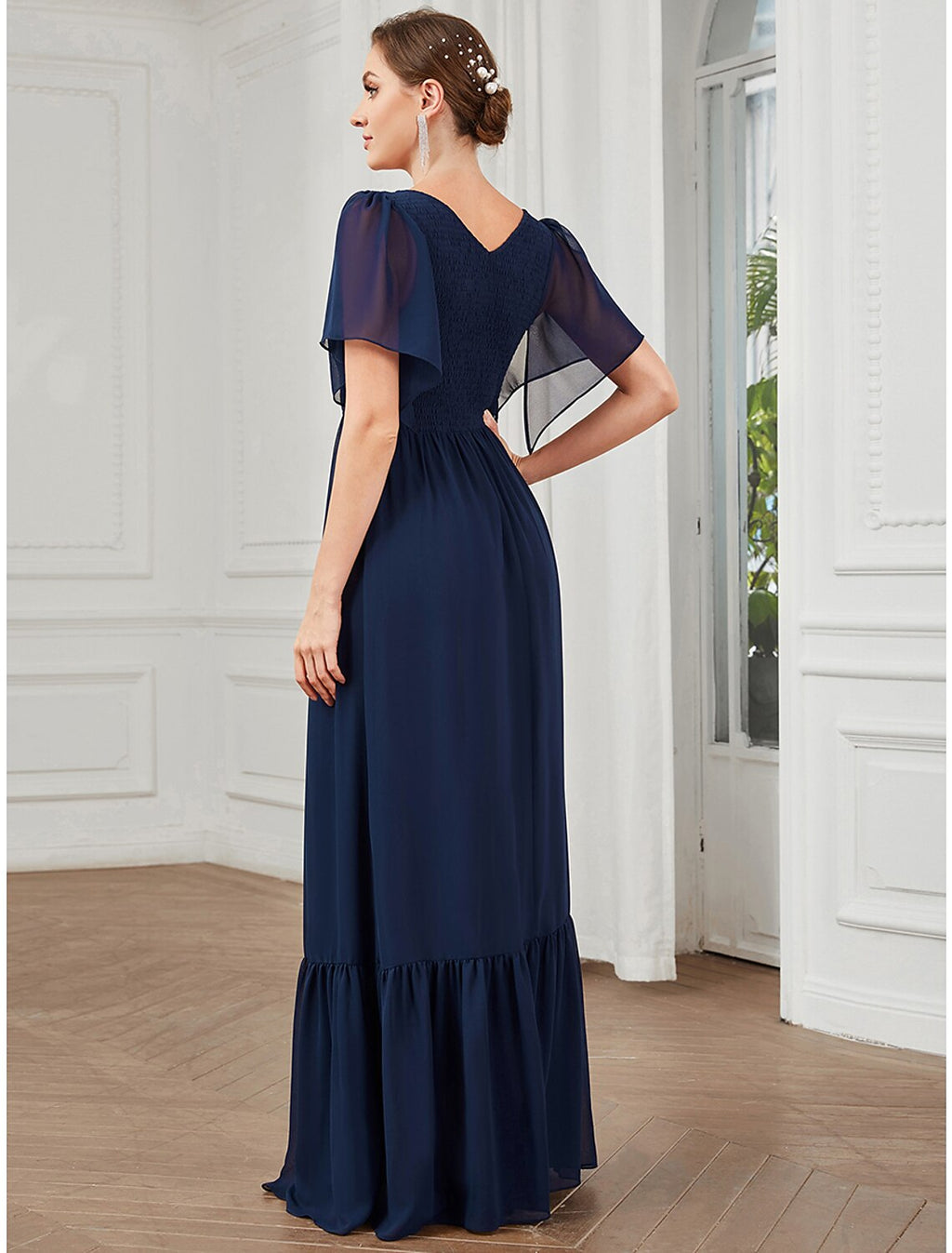 Abiti da ballo a trapezio, eleganti, da festa, lunghi fino al pavimento, maniche corte, scollo a V, in chiffon con pieghe