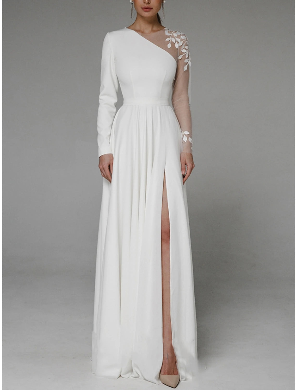 Abito da sera a trapezio, abito da festa formale, lunghezza pavimento, maniche lunghe, scollo gioiello, chiffon con pieghe e spacchi, applicazioni 2025