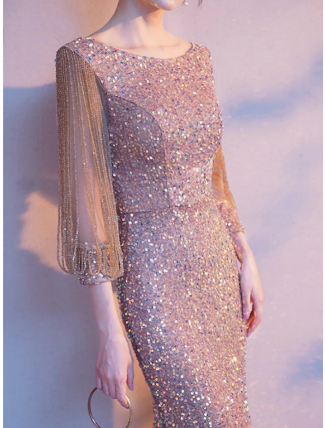 Blushing Pink Sequin Sheath/column Floor-Length Evening Dress with Boat Neck and Sheer 3/4 Sleeves
