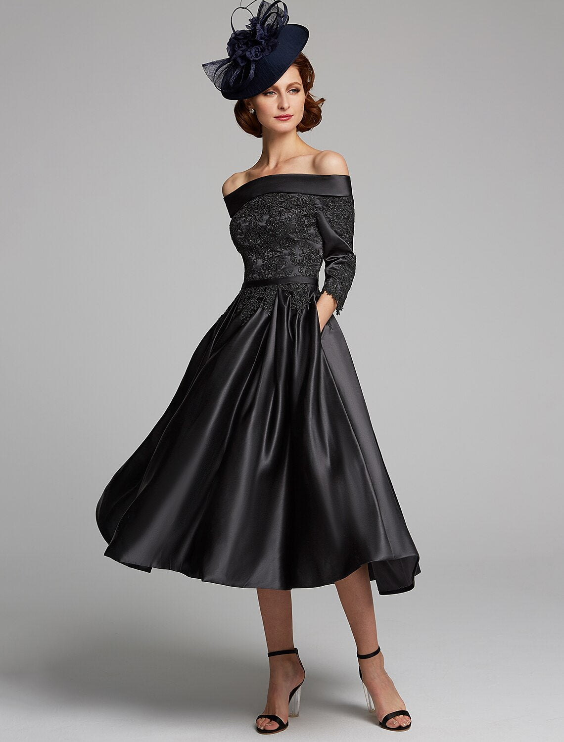 Abito da sposa a trapezio, taglie forti, sexy, con spalle scoperte, lunghezza tè, in raso e pizzo, maniche a 3/4 con fascia/nastro in pizzo