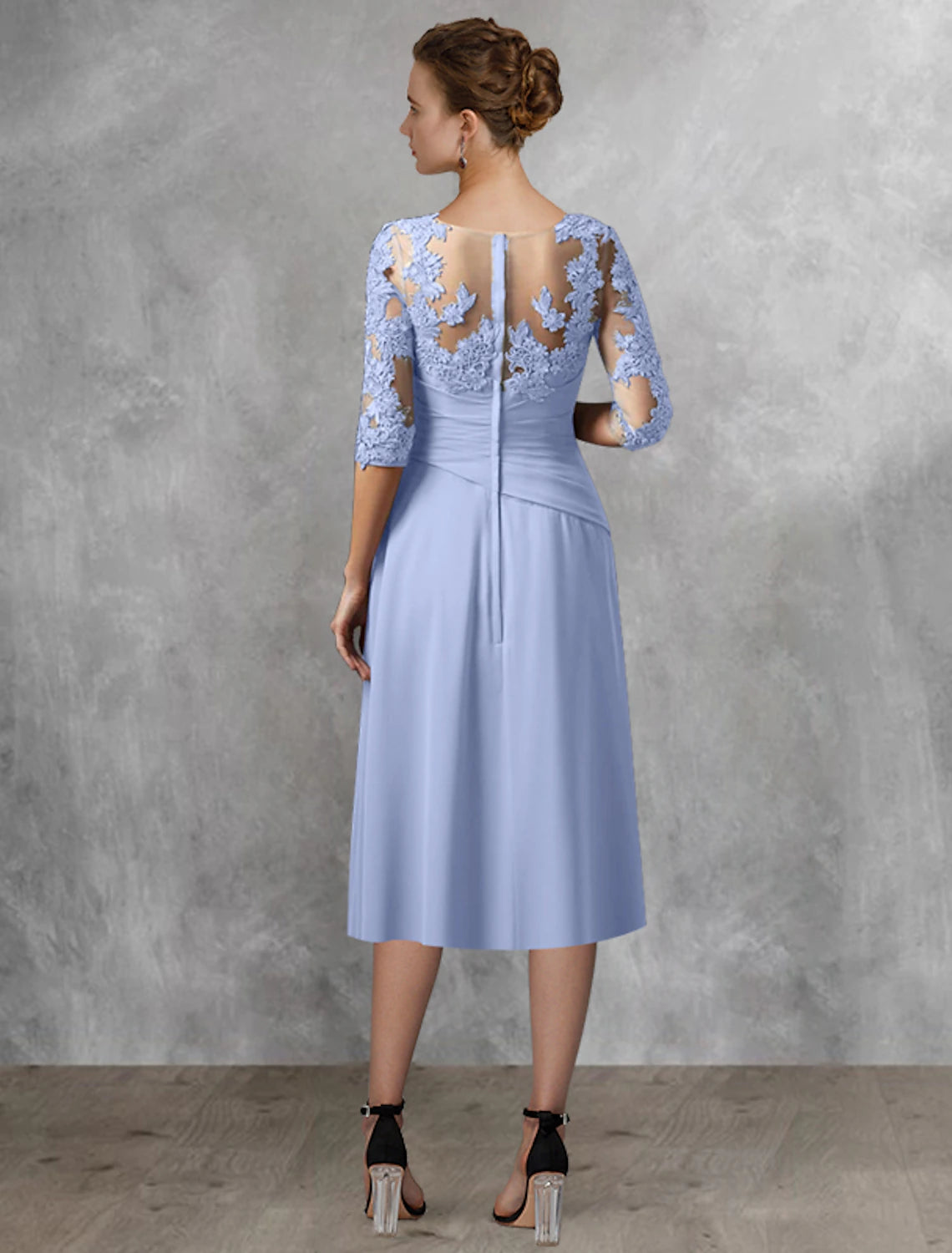 Lavender Lace Applique A-Line Tea-Length Bridesmaid Dress