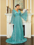 Vestido de noche elegante de corte A, vestido formal de cola de corte, manga larga, cuello en V, lentejuelas y pliegues brillantes