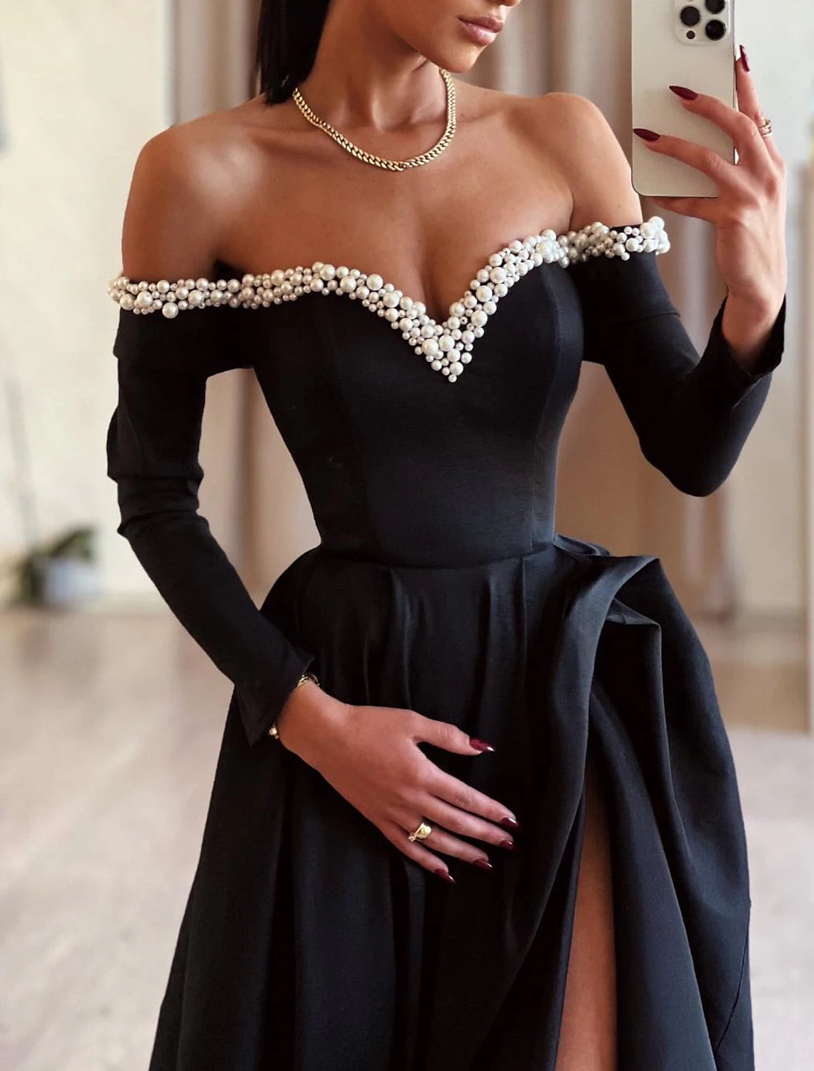 A-Line Evening Gown Black Dress Dress Formal Masquerade Sweep / Brush Train Long Sleeve Off Shoulder Satin with Pearls Slit 2025
