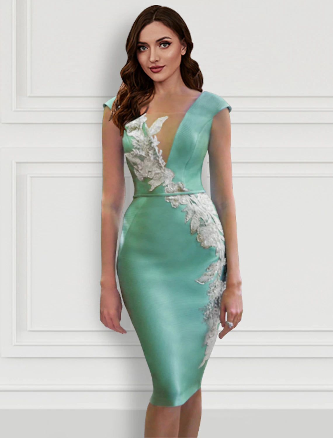 Vestido de cóctel de dos piezas, floral, formal, largo hasta la rodilla, manga larga, escote en V, cinturón/faja, satén con apliques.