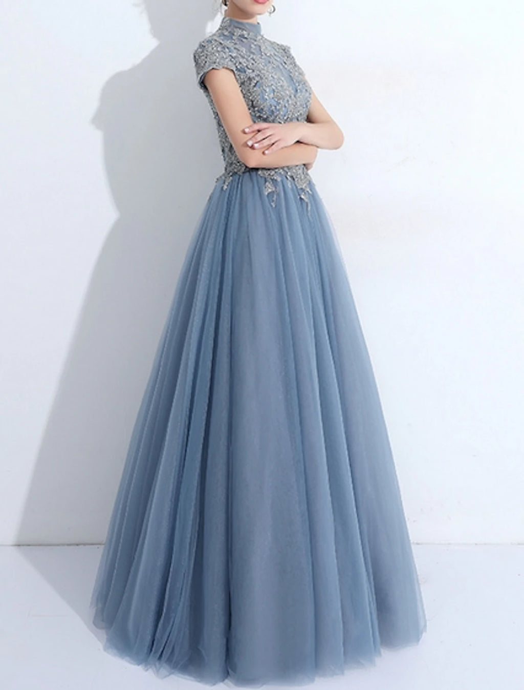 Dusty Blue Tulle A-Line Floor-Length Evening Dress