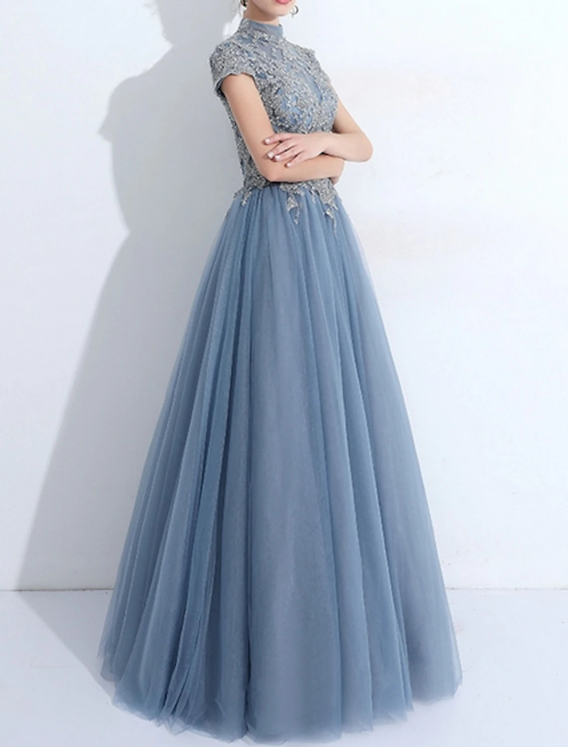 Dusty Blue Tulle A-Line Floor-Length Evening Dress