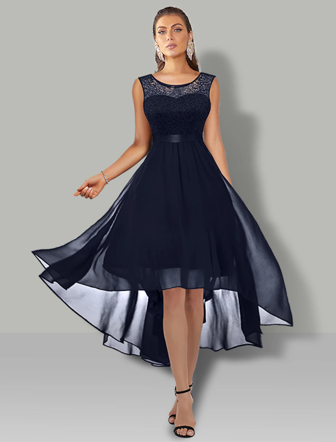 Dark Navy Lace Bodice Chiffon A-Line High-Low Bridesmaid Dress with Scoop Neck & Back Zip