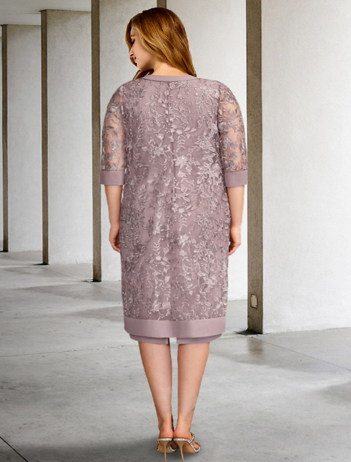 Vestido de dos piezas de corte A para madre de la novia, talla grande, para ocultar la curva del vientre, elegante, formal, hasta la rodilla, manga corta, cuello joya, de gasa con sobrefalda fruncida y tirantes