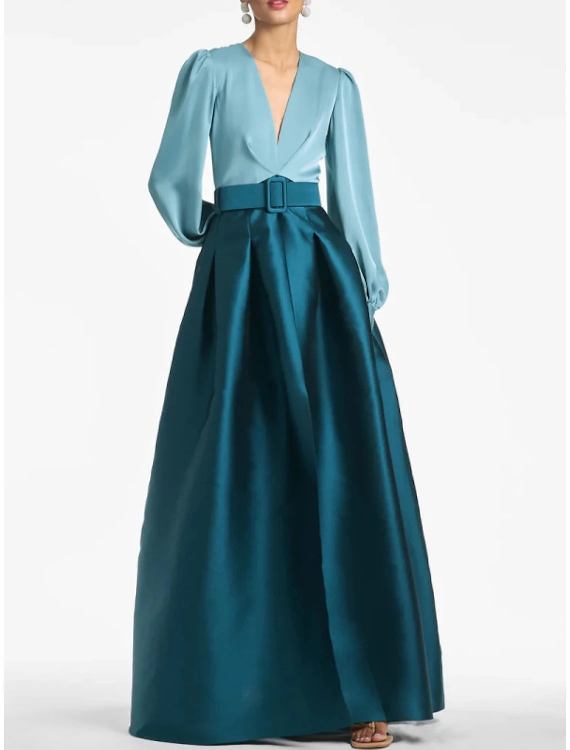 Dark Navy Satin A-Line Floor-Length Dress with V-Neck, Bishop Sleeves & Pleated Skirt