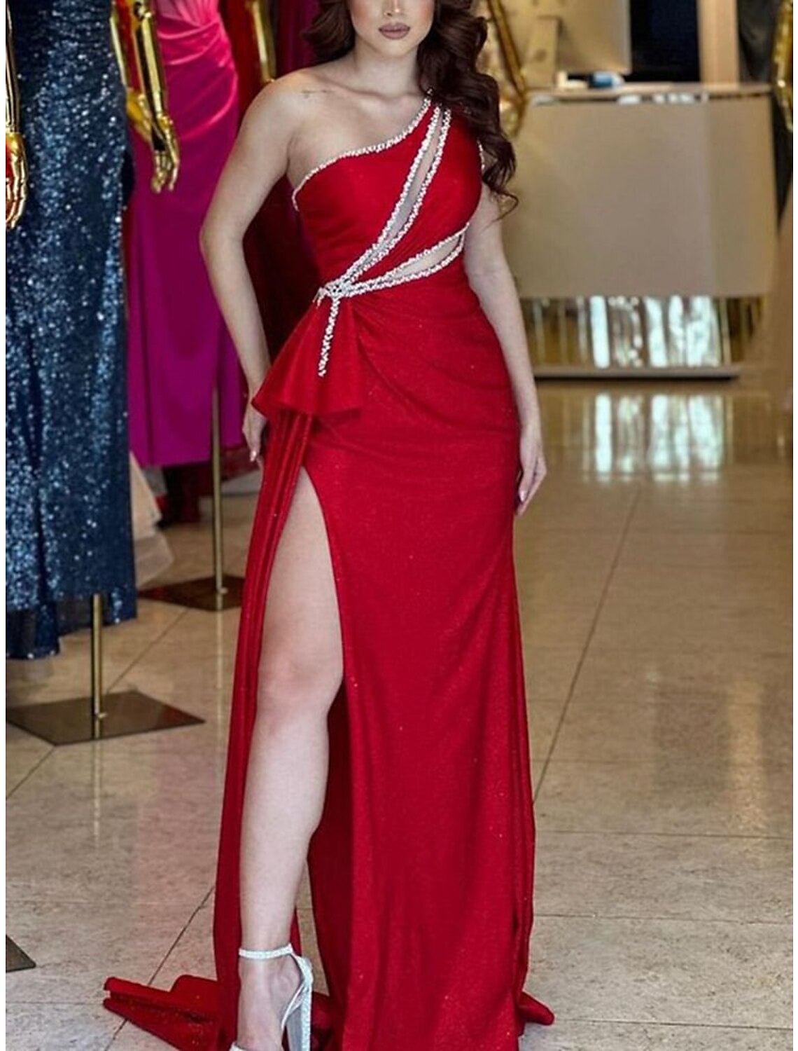 Mermaid / Trumpet Evening Gown Cut Out Dress Formal Wedding Reception Court Train Sleeveless One Shoulder Charmeuse with Slit