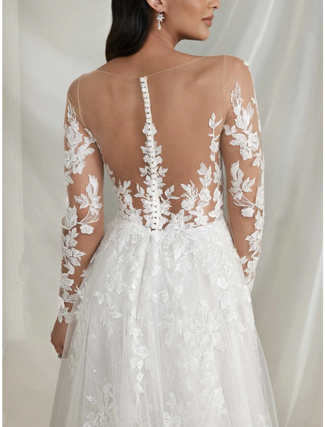 Vestidos de novia formales de corte A, escote en V, manga larga, cola de corte, encaje, con pliegues, color liso