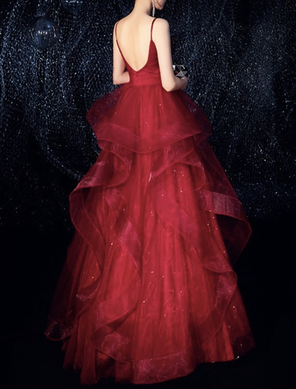 Abito da sera formale da fidanzamento, elegante, scintillante, con spalline sottili, senza maniche, lunghezza al pavimento, in tulle con balza, 2025