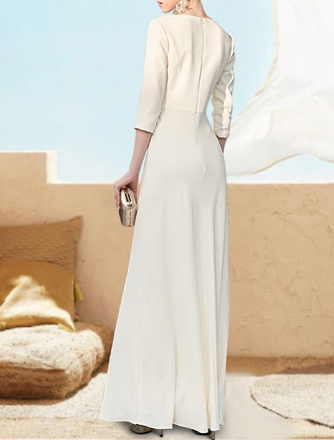 Ivory Chiffon A-Line Floor-Length V-Neck Dress with Embroidered Bodice