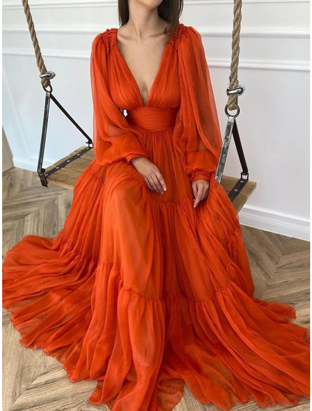 Orange Chiffon A-Line Floor-Length Evening Dress with Voluminous Puff Sleeves and Tiered Skirt