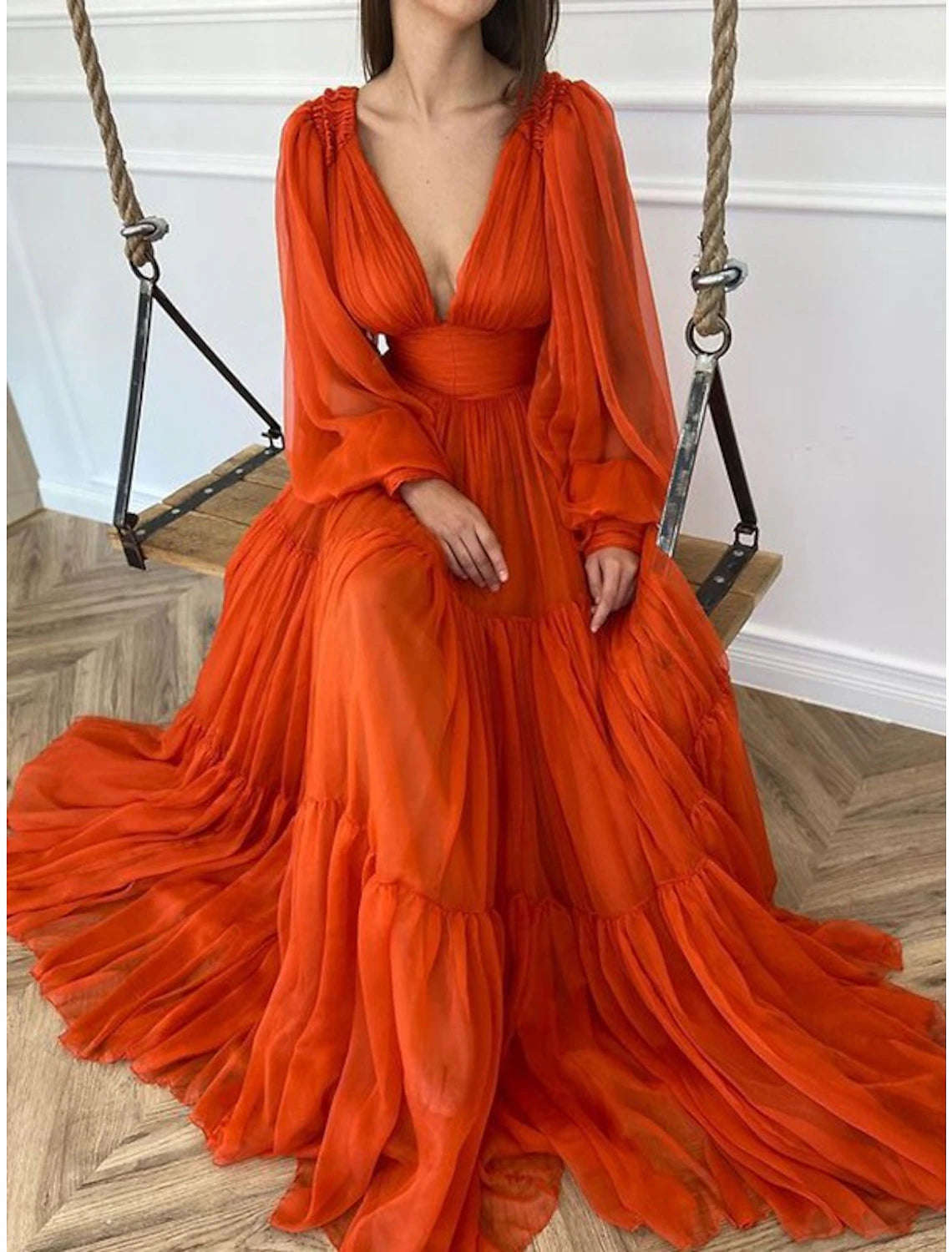 Orange Chiffon A-Line Floor-Length Evening Dress with Voluminous Puff Sleeves and Tiered Skirt