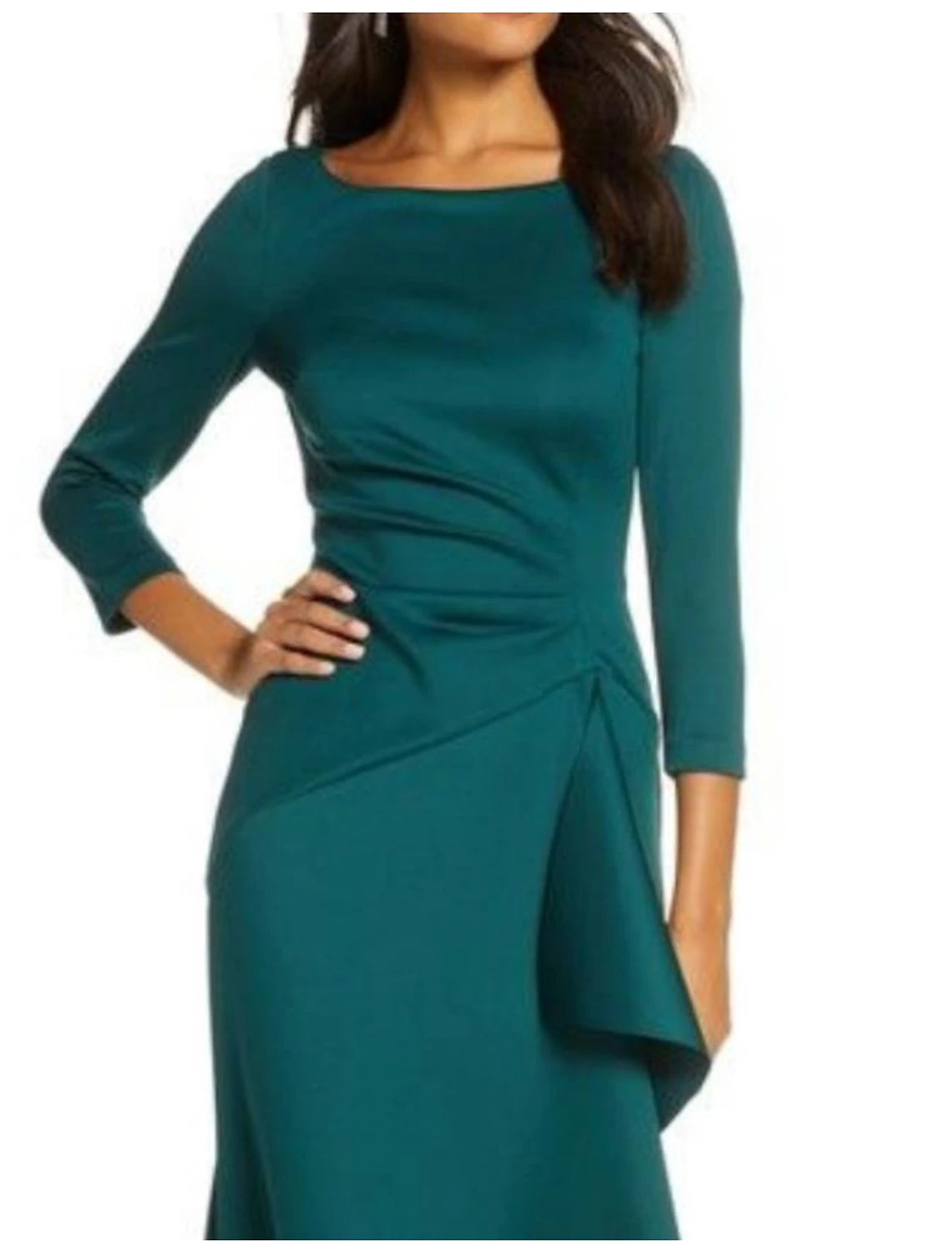 Vestido de Madre de la Novia con Corte Vaina/Columna para Invitadas de Boda, Elegante, Fiesta, Escote Redondo, Largo hasta el Tobillo, Satén, Manga 3/4 con Volantes