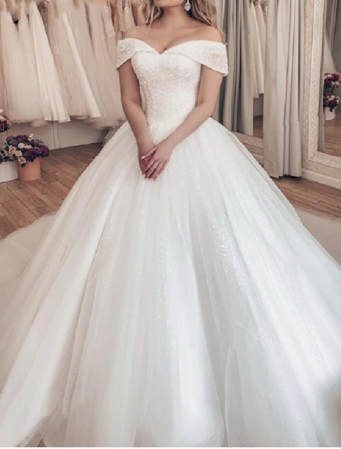 White A-Line Tulle Floor-Length Bridesmaid Dress with Sweetheart Off-the-Shoulder Beaded Bodice