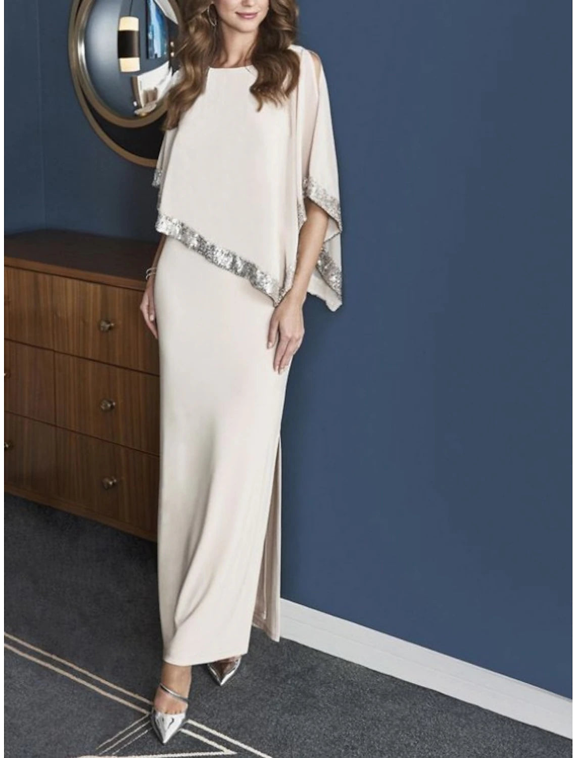 Abito da madre della sposa a tubino, abito da cerimonia, elegante, scintillante e brillante, in chiffon, lunghezza alla caviglia, con maniche a 3/4 e spacco frontale in paillettes