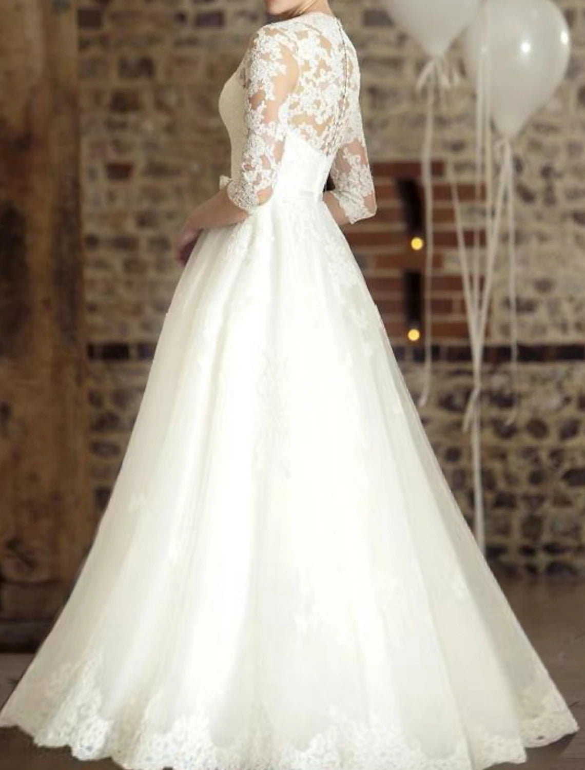 Vestidos de novia formales de compromiso, corte A, escote en V, media manga, largo hasta el suelo, de encaje con apliques