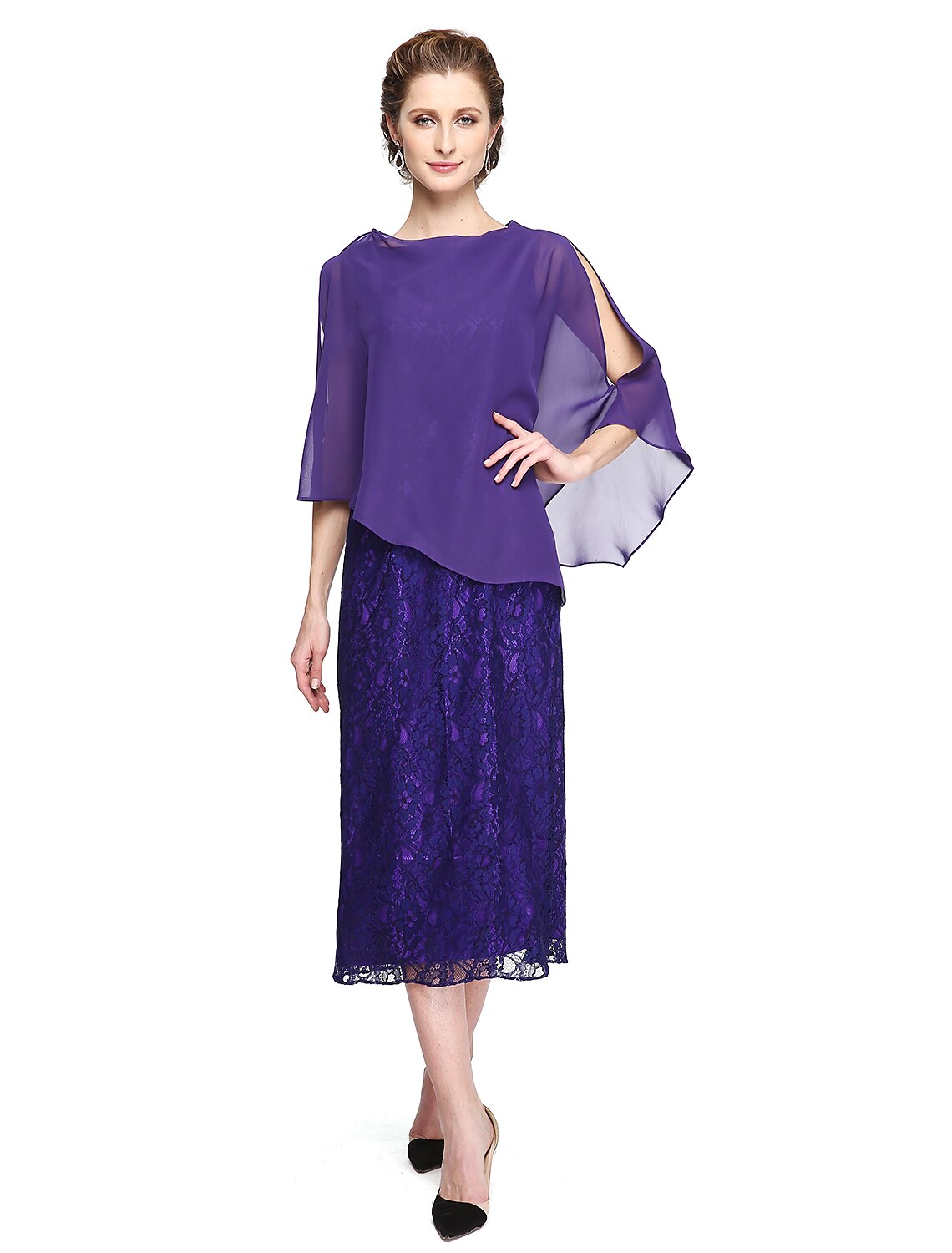 A-Line Mother of the Bride Dress Two Piece Jewel Neck Tea Length Chiffon Lace Sleeveless yes with Pleats Appliques