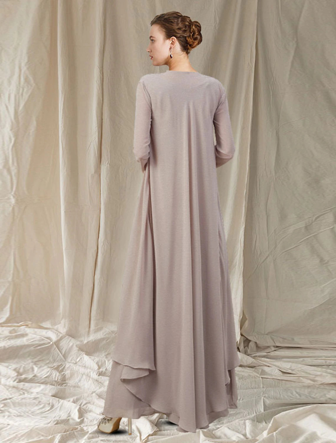 Vestido de madre de la novia de dos piezas, corte en A, talla grande, elegante, escote en V, largo hasta el suelo, de gasa, manga larga, chaqueta, vestidos con apliques