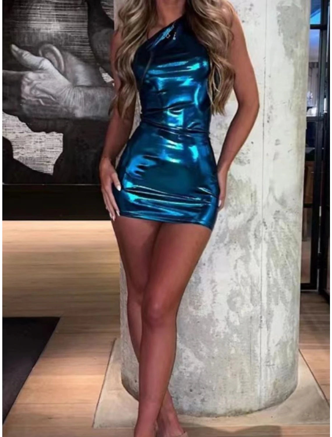 Vestido de fiesta para mujer, vestido de bienvenida, vestido de invitada de boda, minivestido azul, dorado, verde, sin mangas, color puro, fruncido, verano, primavera, otoño, un hombro, fiesta, vacaciones, vestido de verano