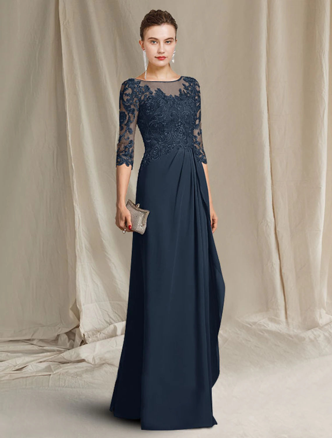 Dark Navy Chiffon A-Line Floor-Length Evening Dress with Illusion Neck and Lace Bodice