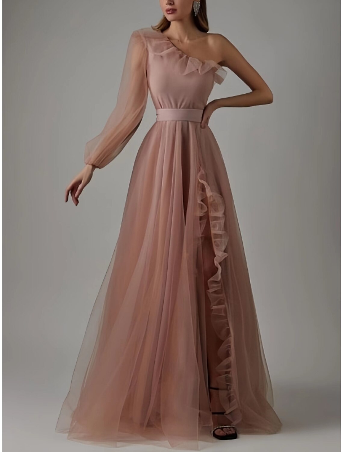 Vestido de fiesta tubo, vestido de graduación, vestido elegante, vestido de graduación, cumpleaños, largo hasta el suelo, manga larga, un hombro, tul con pliegues, volantes, abertura