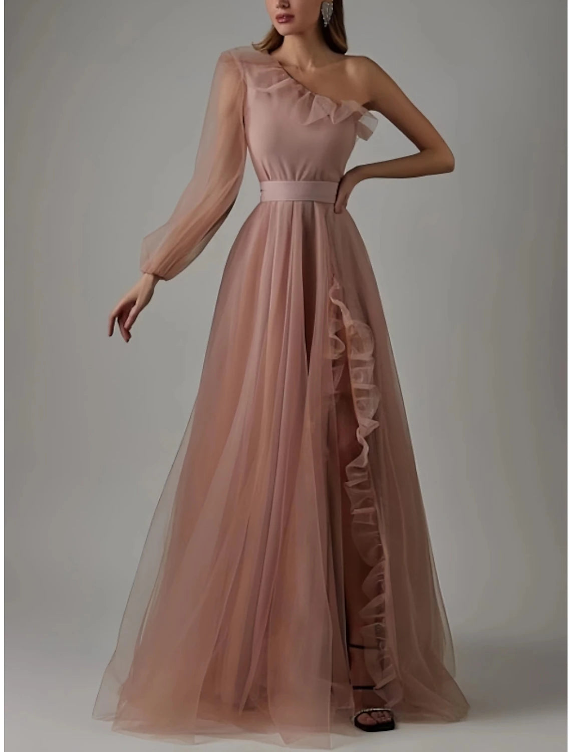 Blushing Pink Chiffon A-Line Floor-Length One Shoulder Bridesmaid Dress with Ruffled Slit