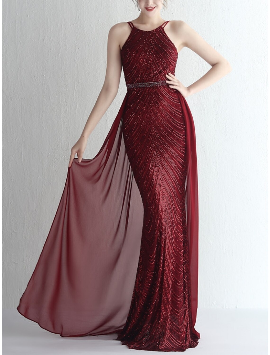 Mermaid / Trumpet Evening Gown Elegant Dress Formal Sweep / Brush Train Sleeveless Spaghetti Strap Chiffon with Glitter Pleats