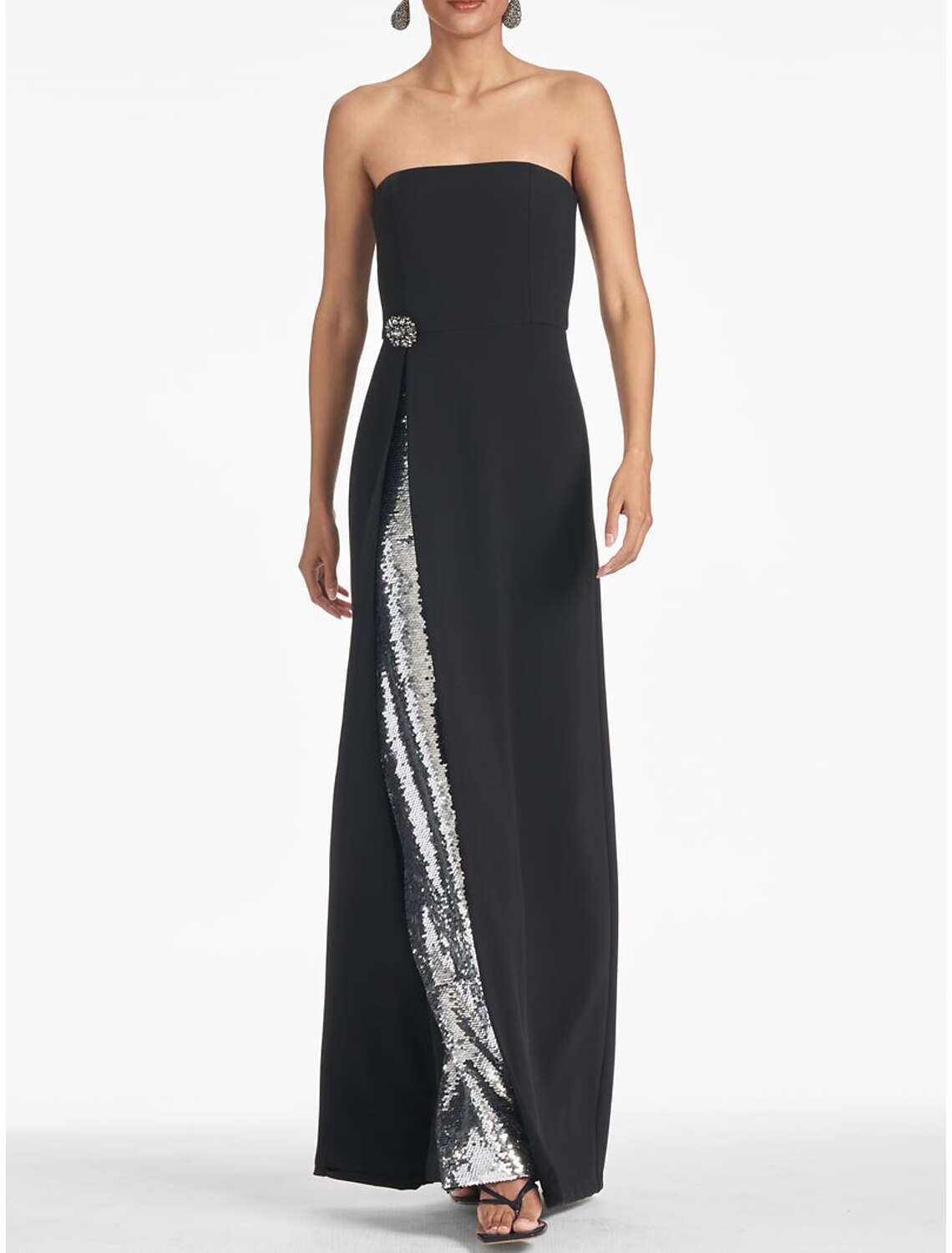 Abito da sera nero a trapezio, elegante, formale, lunghezza alla caviglia, senza maniche, senza spalline, con paillettes e cristalli glitterati