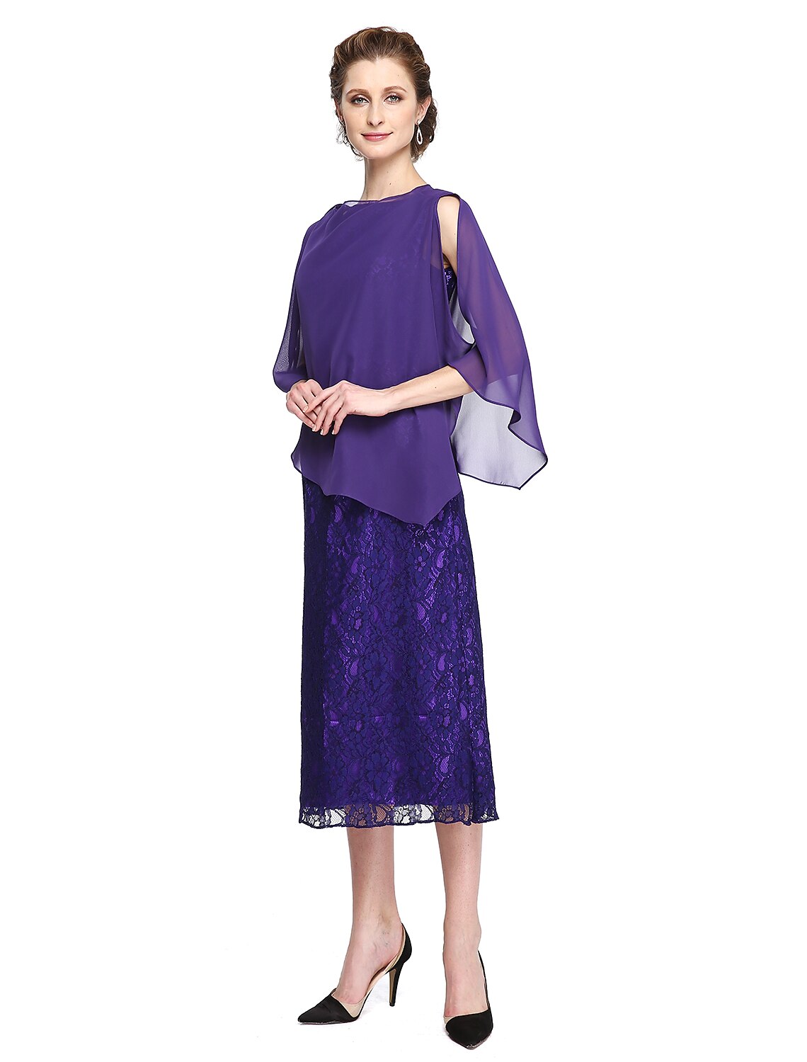 A-Line Mother of the Bride Dress Two Piece Jewel Neck Tea Length Chiffon Lace Sleeveless yes with Pleats Appliques