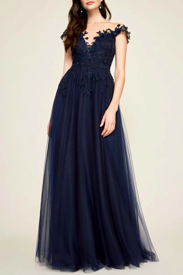 Dark Navy Lace Off-the-Shoulder Bridesmaid Floor-Length Dress