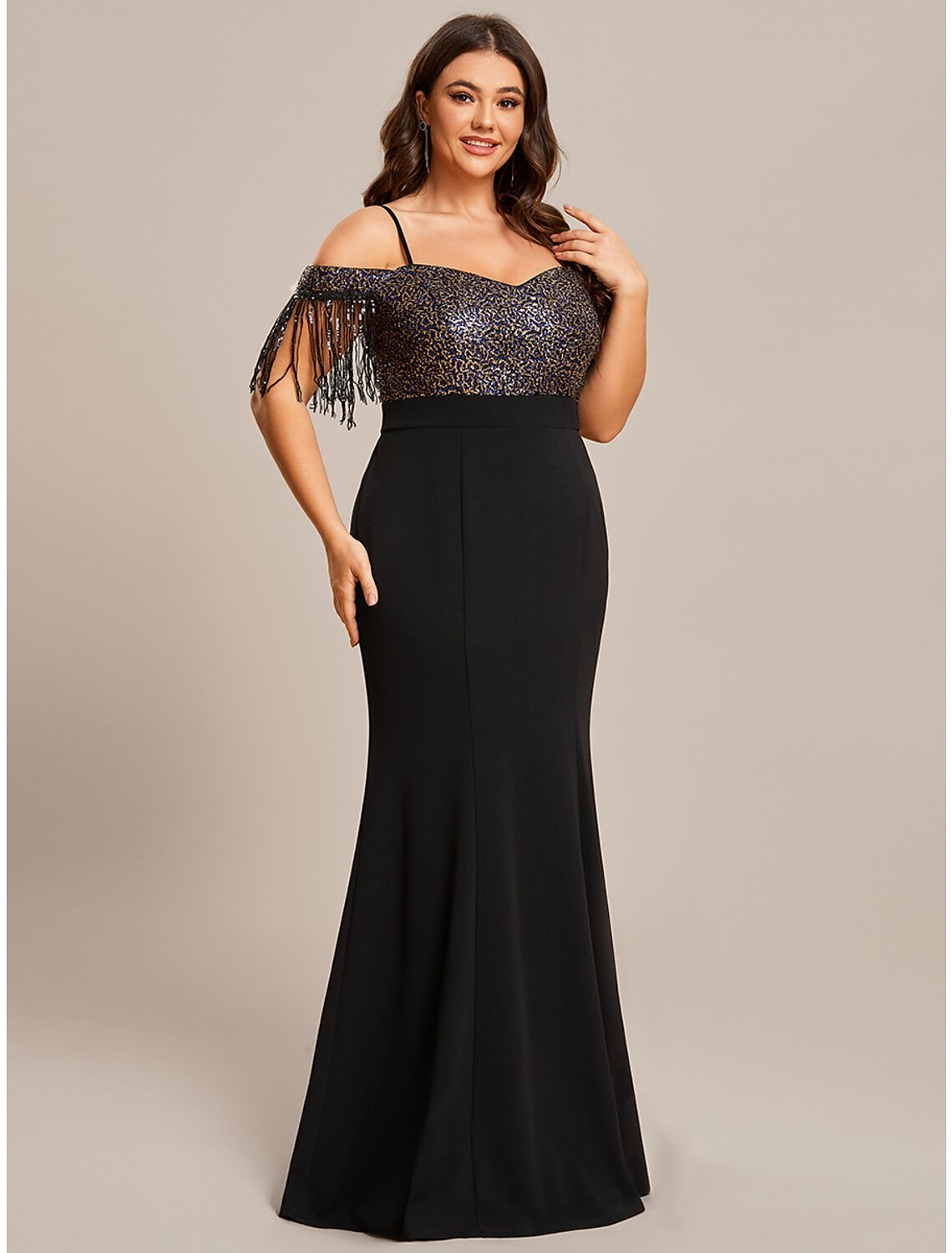 Black Sequin Mermaid Floor-Length Evening Dress with Fringe Sleeves