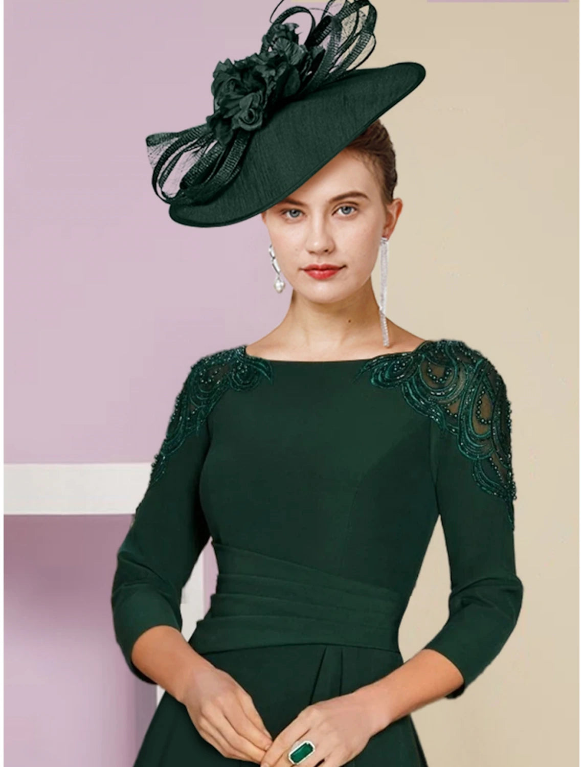 Forest Green Crepe A-Line Tea-Length Dress with Boat Neck, Embellished Shoulders & Asymmetrical Ruffled Hem