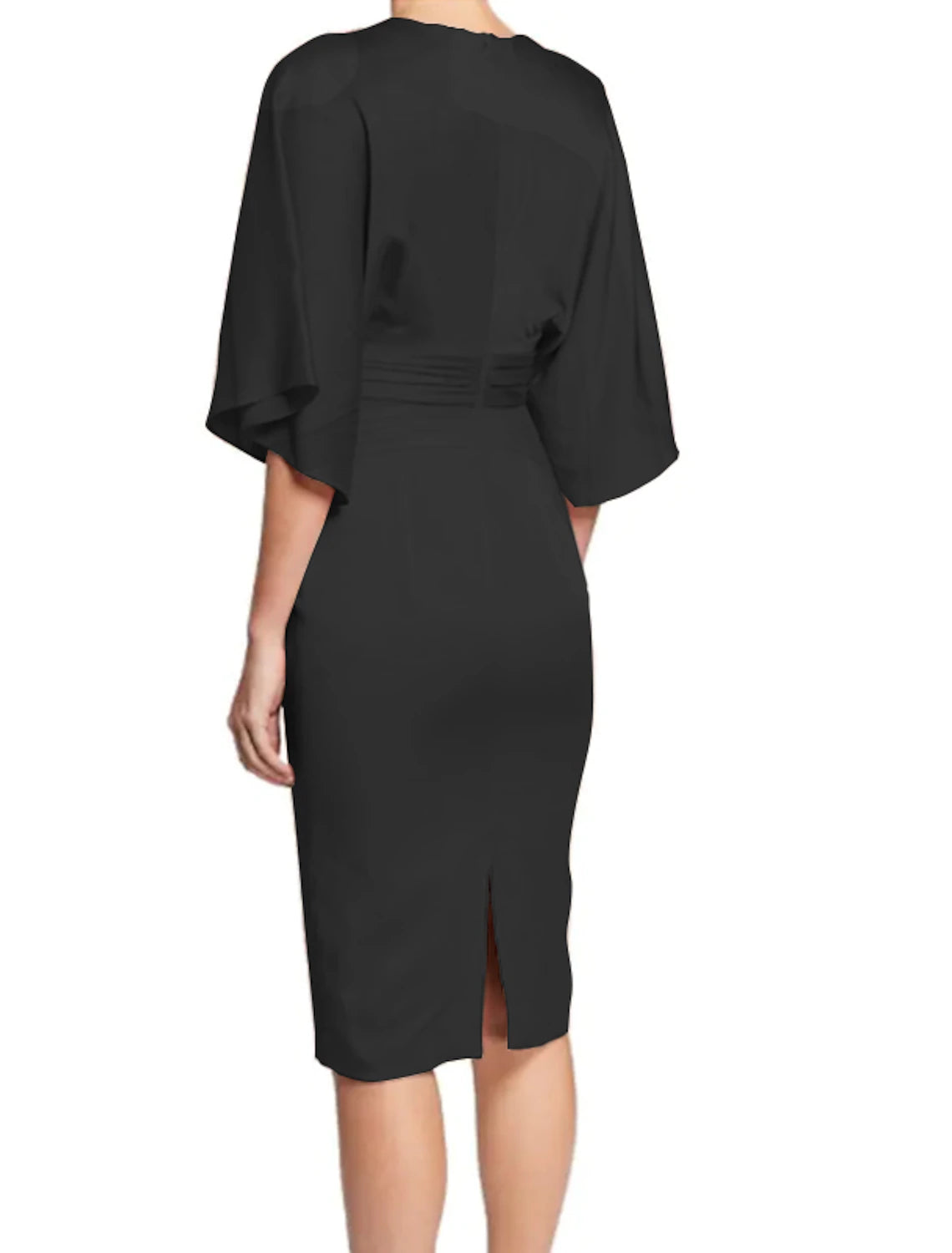 Abito da cocktail per feste e compleanni, stile tubino/colonna, minimalista, con scollo a V, mezza manica, lunghezza al ginocchio, in raso con fascia/nastro