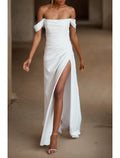 Vestidos de novia blancos cortos de compromiso, vestidos de novia sencillos, corte tubo/columna, hombros descubiertos, sin mangas, cola larga/cepillo, vestidos de novia de satén con abertura frontal fruncida