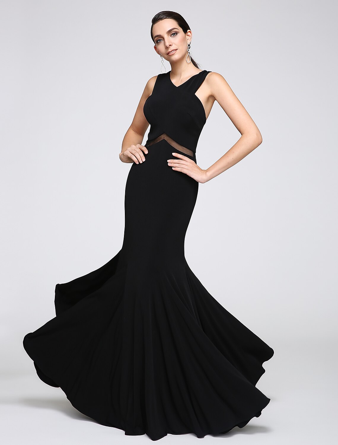 Black Stretch Knit Mermaid Floor-Length Gown with V-Neck & Criss-Cross Bodice
