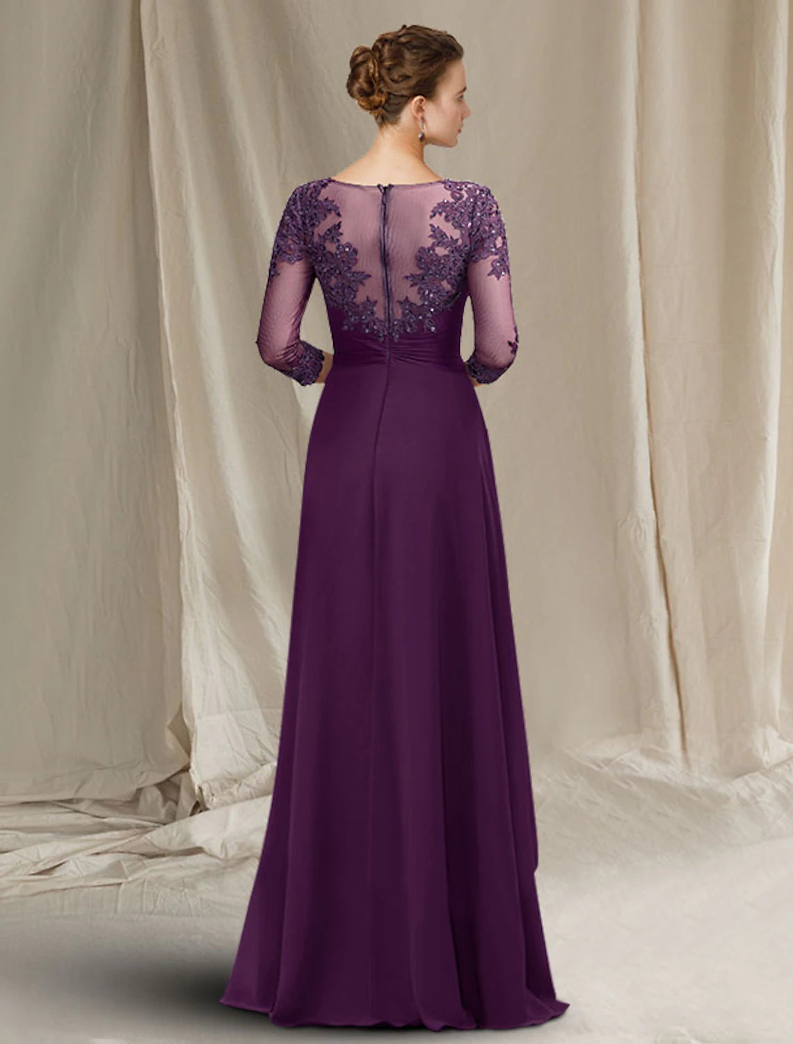 Abito da madre della sposa a trapezio, elegante e lussuoso, in chiffon, con scollo gioiello, lunghezza pavimento, pizzo, paillettes, maniche a 3/4, con pieghe, perline e applicazioni.