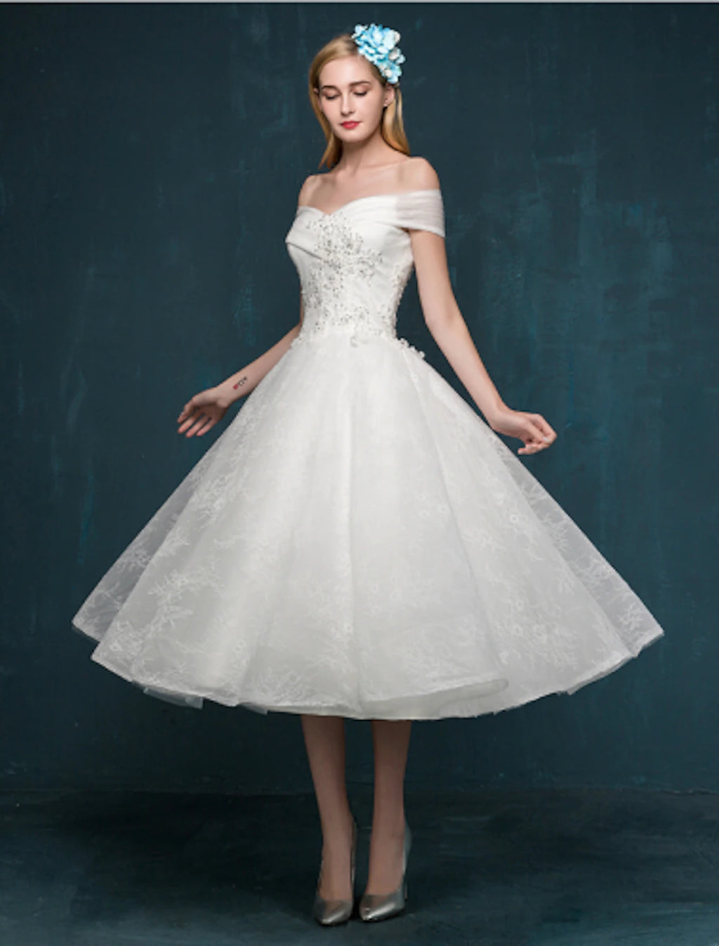 Vestidos de novia blancos de recepción, corte A, hombros descubiertos, mangas cortas, largo hasta la rodilla, de encaje, con cuentas y lentejuelas, para verano, bodas y fiestas, ropa para mujer