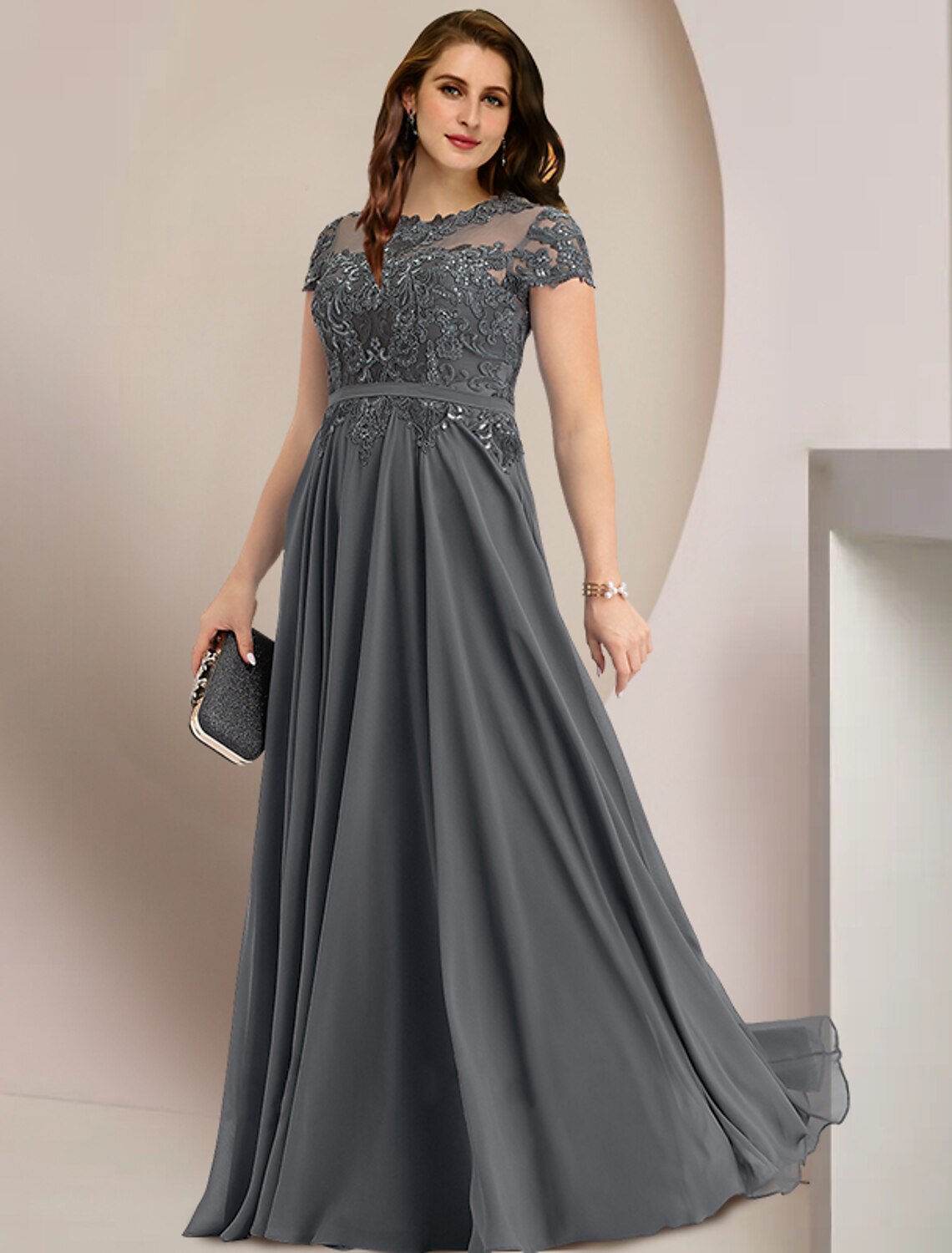 Grey Chiffon Illusion Neck Lace Bodice A-Line Floor-Length Dress