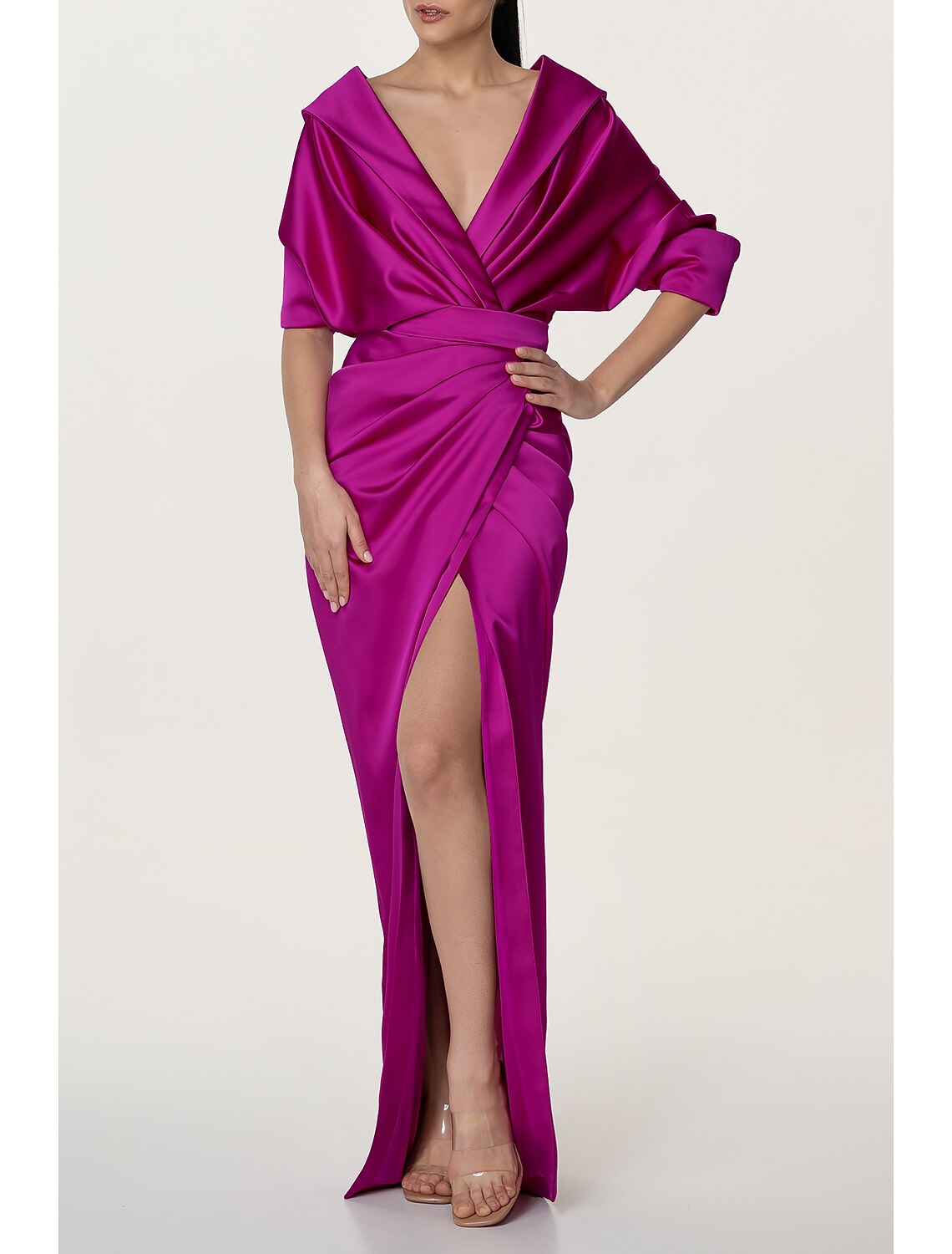 Vestido de noche de corte A, vestido negro, elegante, vestido formal de otoño, cola larga/cortada, media manga, escote en V, satén con abertura fruncida