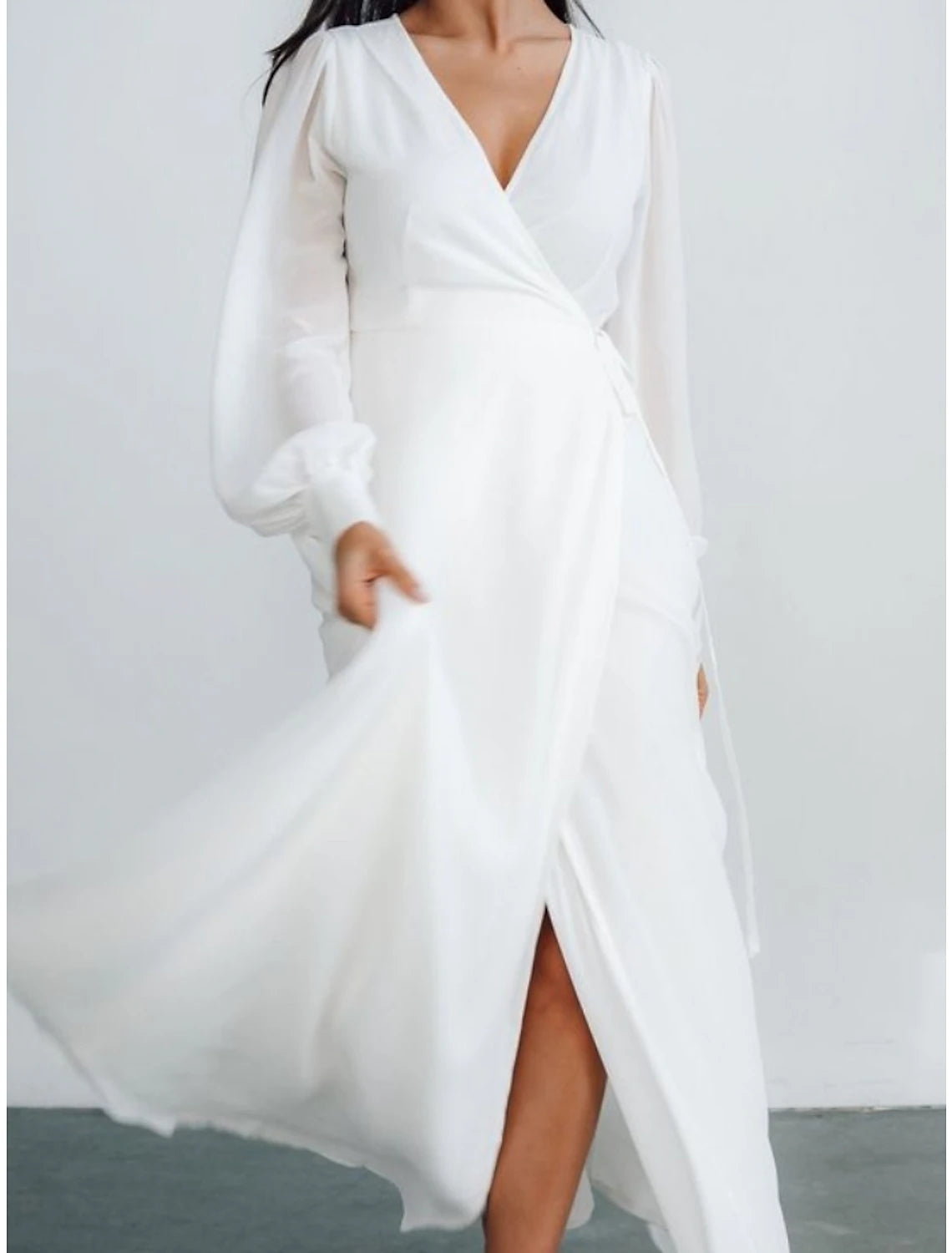 Ivory Satin A-Line V-Neck Floor-Length Wrap Dress with Sheer Sleeves