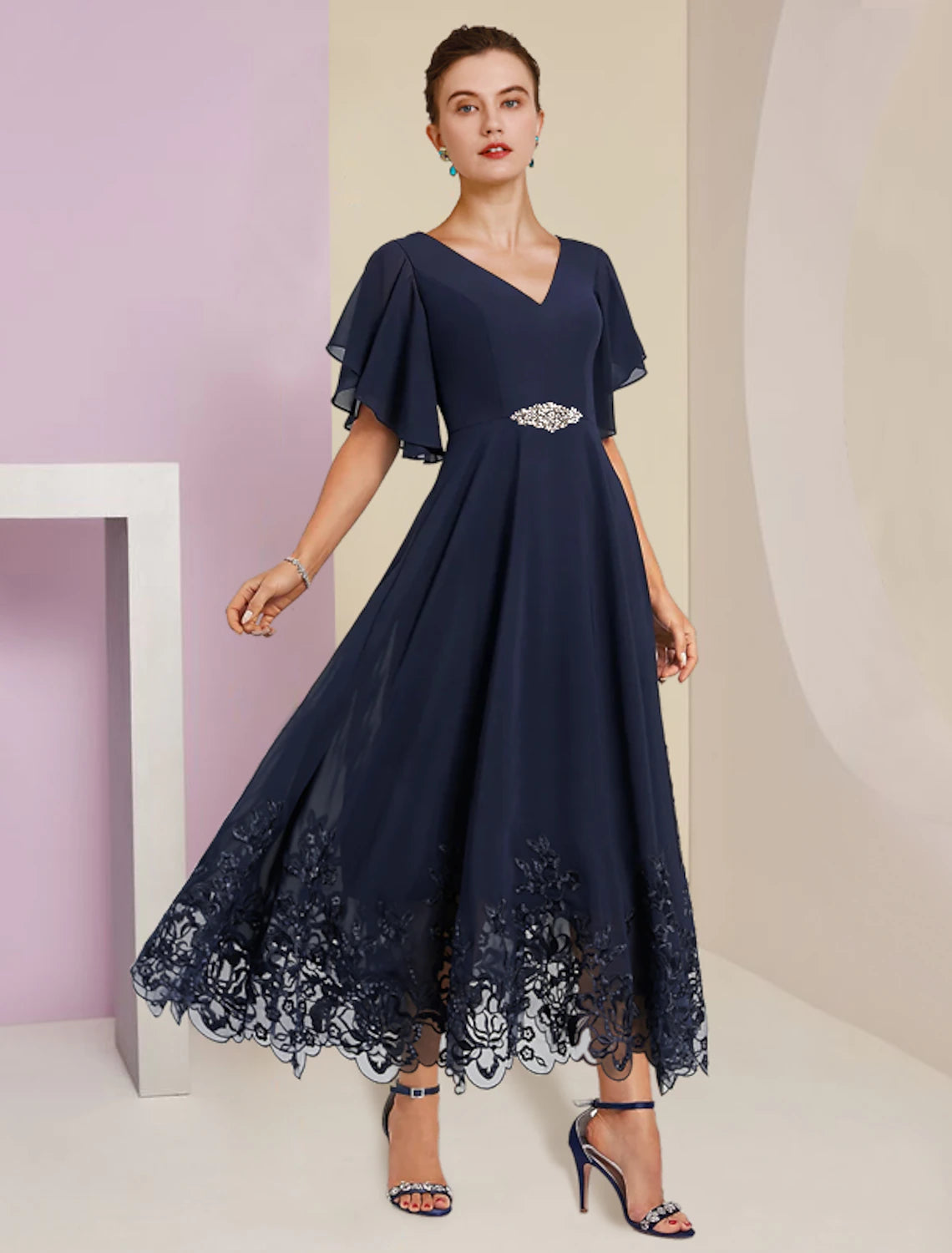 Dark Navy Chiffon A-Line V-Neck Tea-Length Evening Dress with Flutter Sleeves