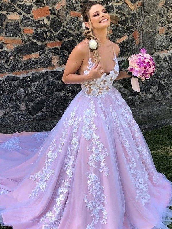 Blushing Pink Tulle A-Line V-Neck Floor-Length Bridesmaid Dress with Lace Appliques
