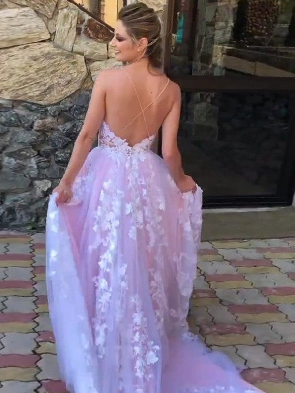 Vestidos de fiesta con apliques de encaje, escote en V, sin mangas y cola larga